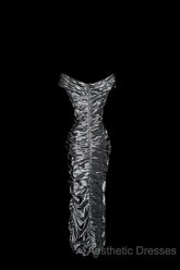 Vintage Sheath Off The Shoulder Silver Gray Sleeveless Long Evening Prom Gown Fairy Evening Prom Dresses